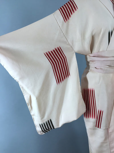 1950s Vintage Silk Kimono Robe / Peach Red Abstract Stripes - ThisBlueBird