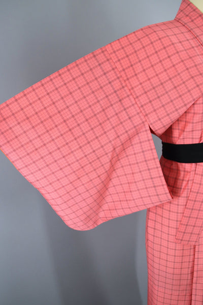 1950s Vintage Silk Kimono Robe / Pink & Black Plaid - ThisBlueBird