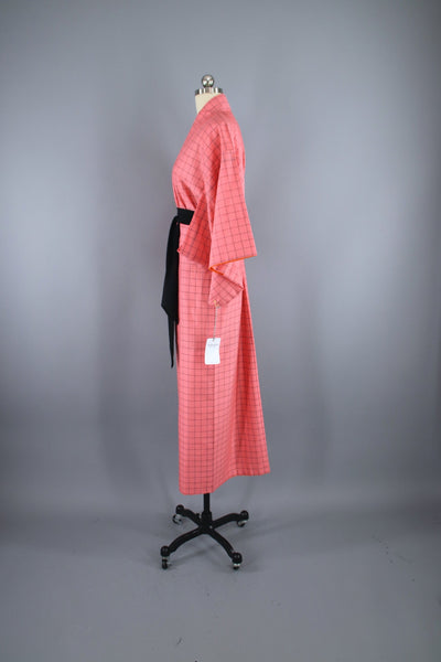 1950s Vintage Silk Kimono Robe / Pink & Black Plaid - ThisBlueBird