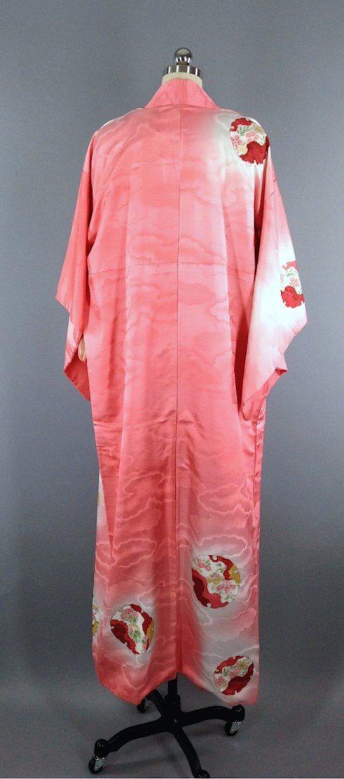 1950s Vintage Silk Kimono Robe / Pink Clouds - ThisBlueBird