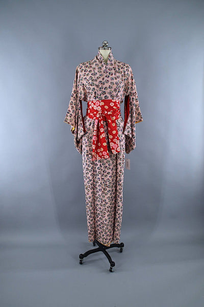 1950s Vintage Silk Kimono Robe / Pink Floral Print - ThisBlueBird