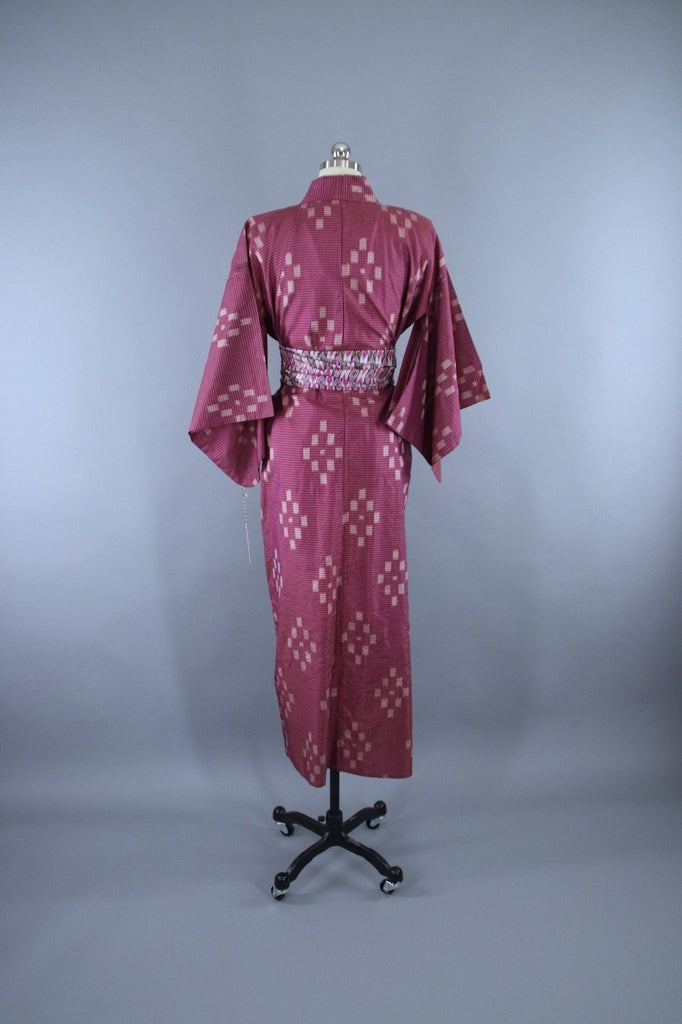 1950s Vintage Silk Kimono Robe / Purple Magenta Ikat Meisen Silk - ThisBlueBird