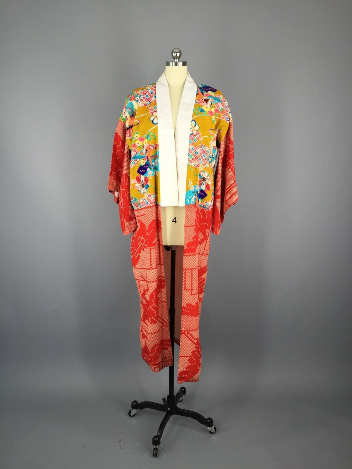 1950s Vintage Silk Kimono Robe / Red Crane Birds - ThisBlueBird