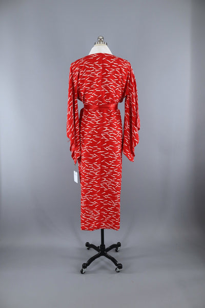 1950s Vintage Silk Kimono Robe / Red & White Novelty Print - ThisBlueBird