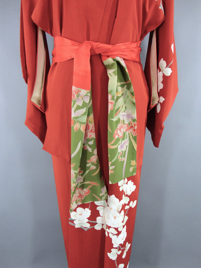 1950s Vintage Silk Kimono Robe / Rust Orange Floral Print - ThisBlueBird