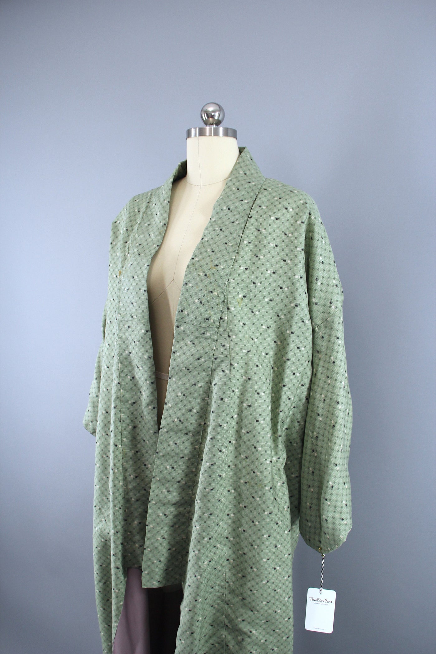 1950s Vintage Silk Kimono Robe / Sage Green Ikat - ThisBlueBird