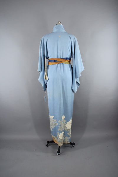 1950s Vintage Silk Kimono Robe / Sky Blue Embroidered Floral - ThisBlueBird
