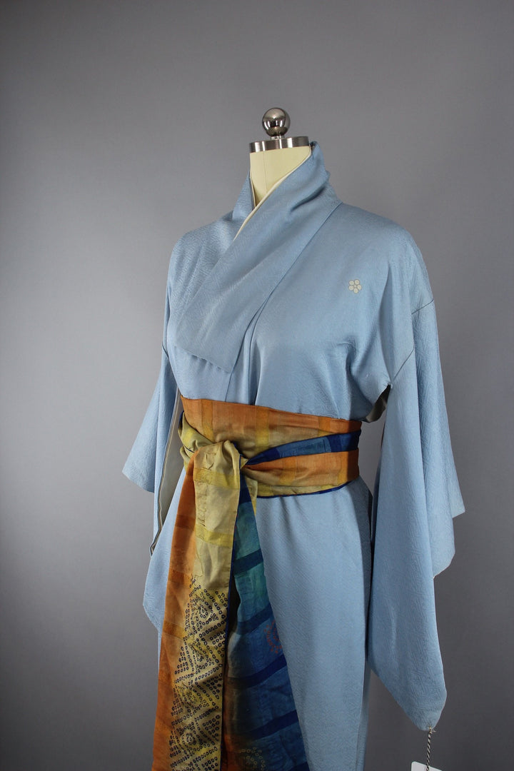 1950s Vintage Silk Kimono Robe / Sky Blue Embroidered Floral - ThisBlueBird