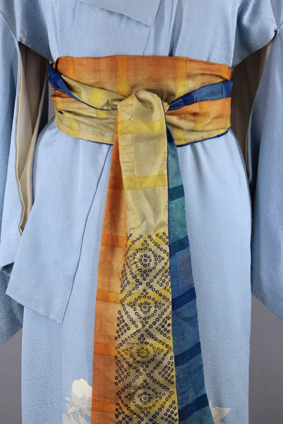 1950s Vintage Silk Kimono Robe / Sky Blue Embroidered Floral - ThisBlueBird