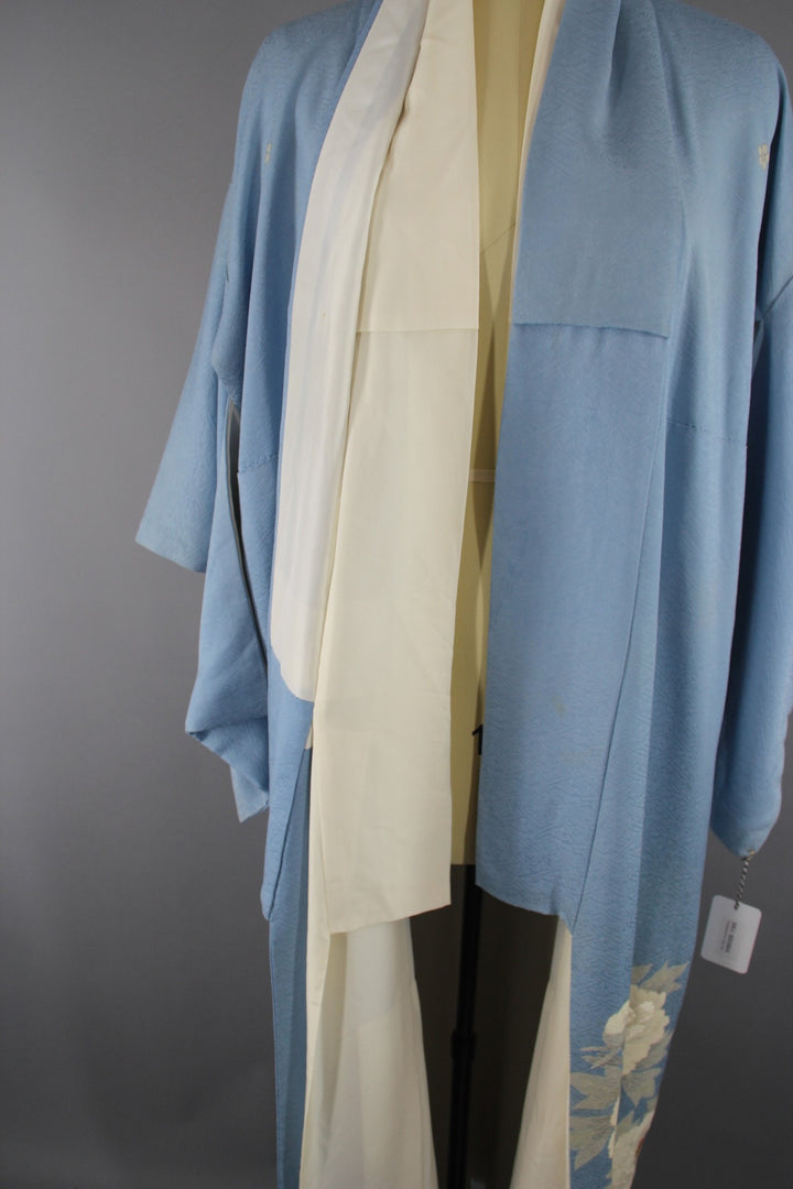 1950s Vintage Silk Kimono Robe / Sky Blue Embroidered Floral - ThisBlueBird