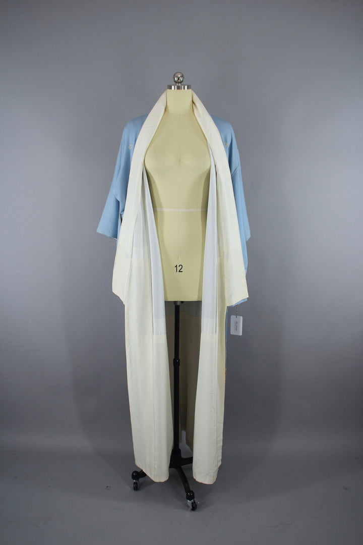 1950s Vintage Silk Kimono Robe / Sky Blue Embroidered Floral - ThisBlueBird
