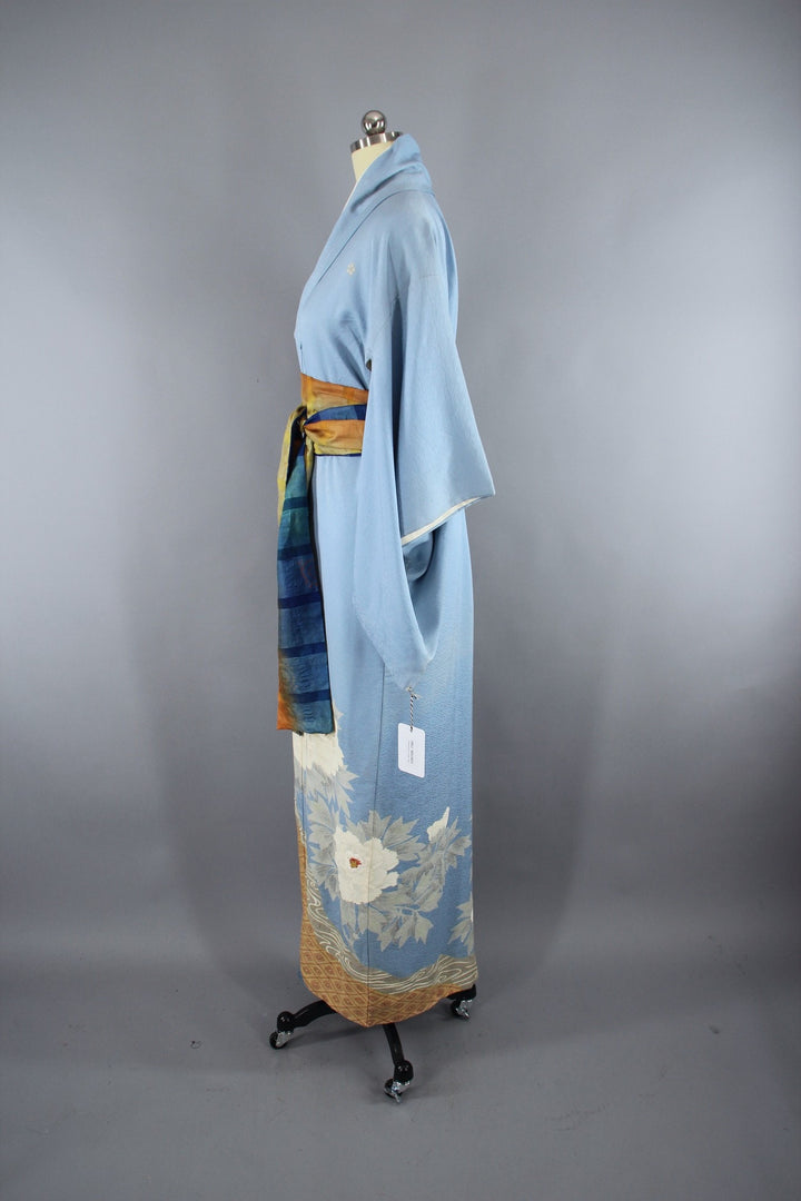 1950s Vintage Silk Kimono Robe / Sky Blue Embroidered Floral - ThisBlueBird
