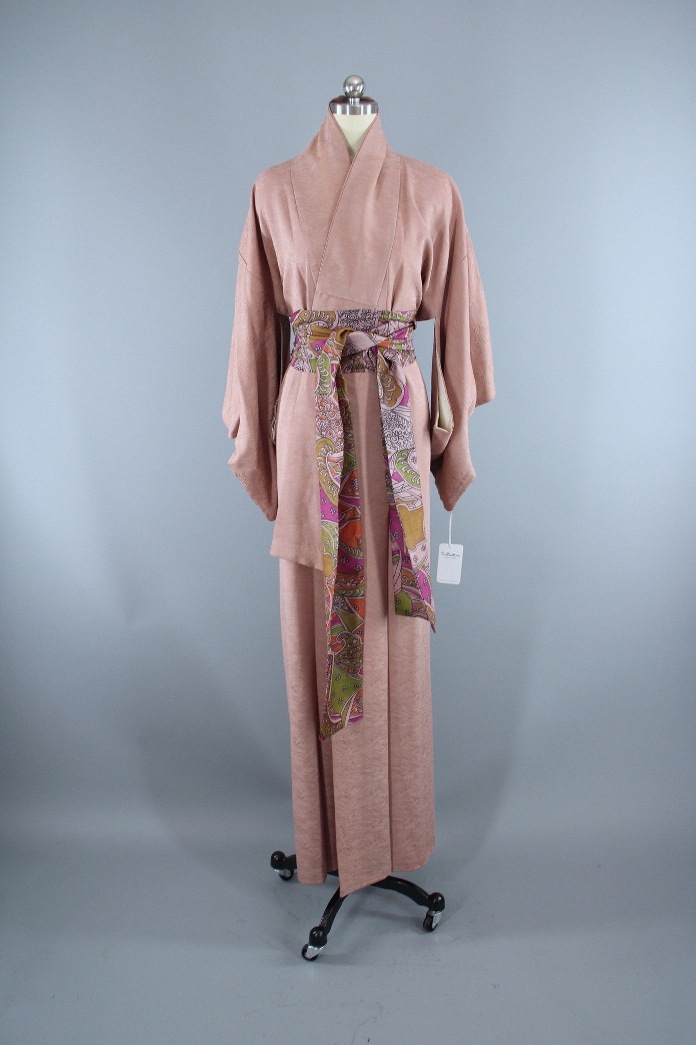 1950s Vintage Silk Kimono Robe / Taupe Beige Moire - ThisBlueBird
