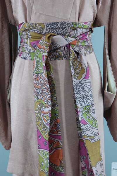 1950s Vintage Silk Kimono Robe / Taupe Beige Moire - ThisBlueBird