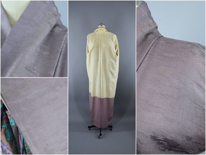 1950s Vintage Silk Kimono Robe / Taupe Maple Leaf Floral - ThisBlueBird