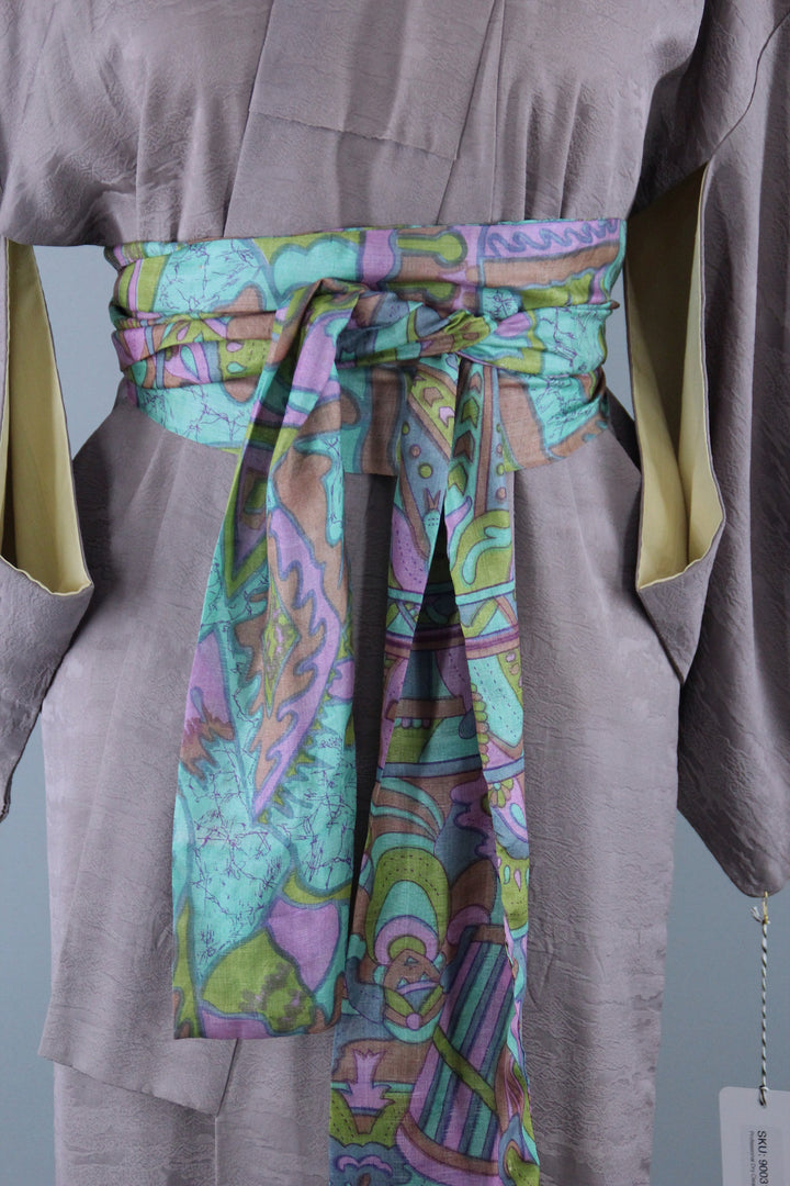1950s Vintage Silk Kimono Robe / Taupe Maple Leaf Floral - ThisBlueBird