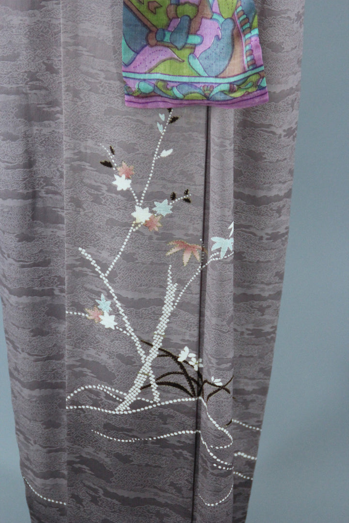 1950s Vintage Silk Kimono Robe / Taupe Maple Leaf Floral - ThisBlueBird