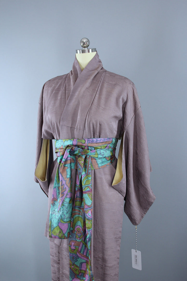1950s Vintage Silk Kimono Robe / Taupe Maple Leaf Floral - ThisBlueBird