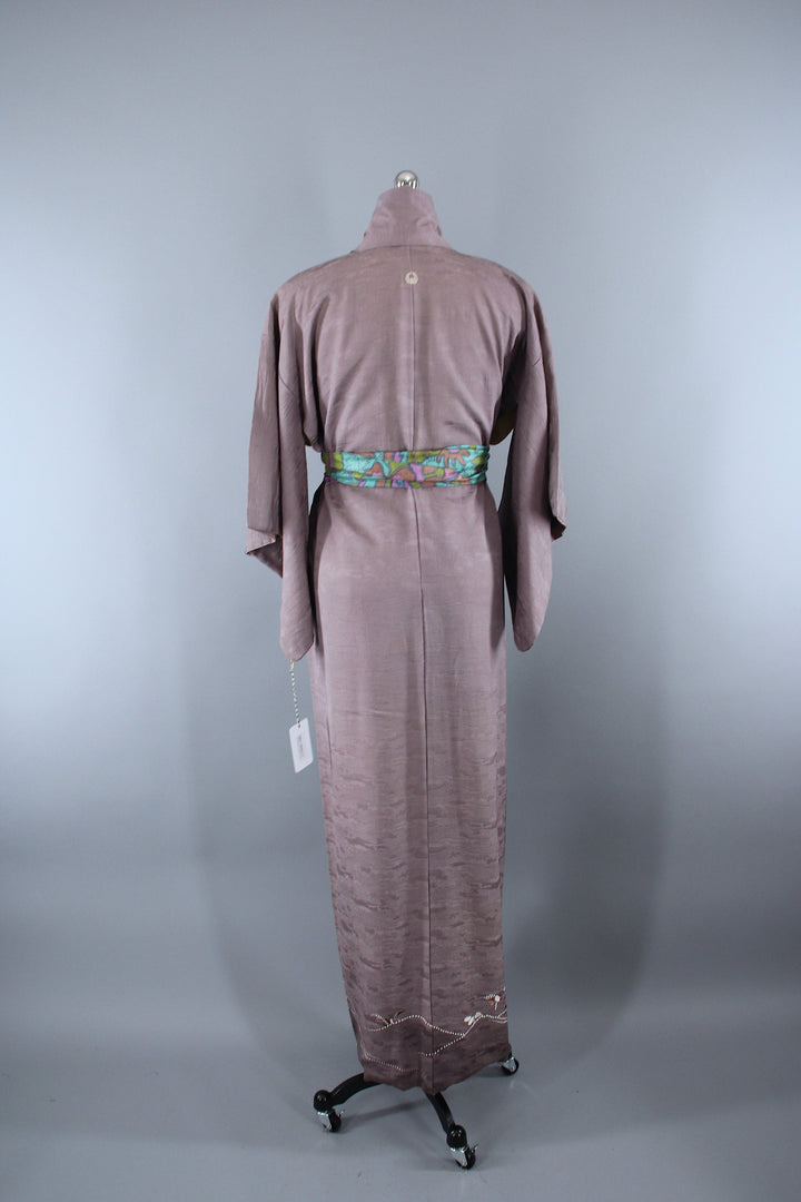 1950s Vintage Silk Kimono Robe / Taupe Maple Leaf Floral - ThisBlueBird