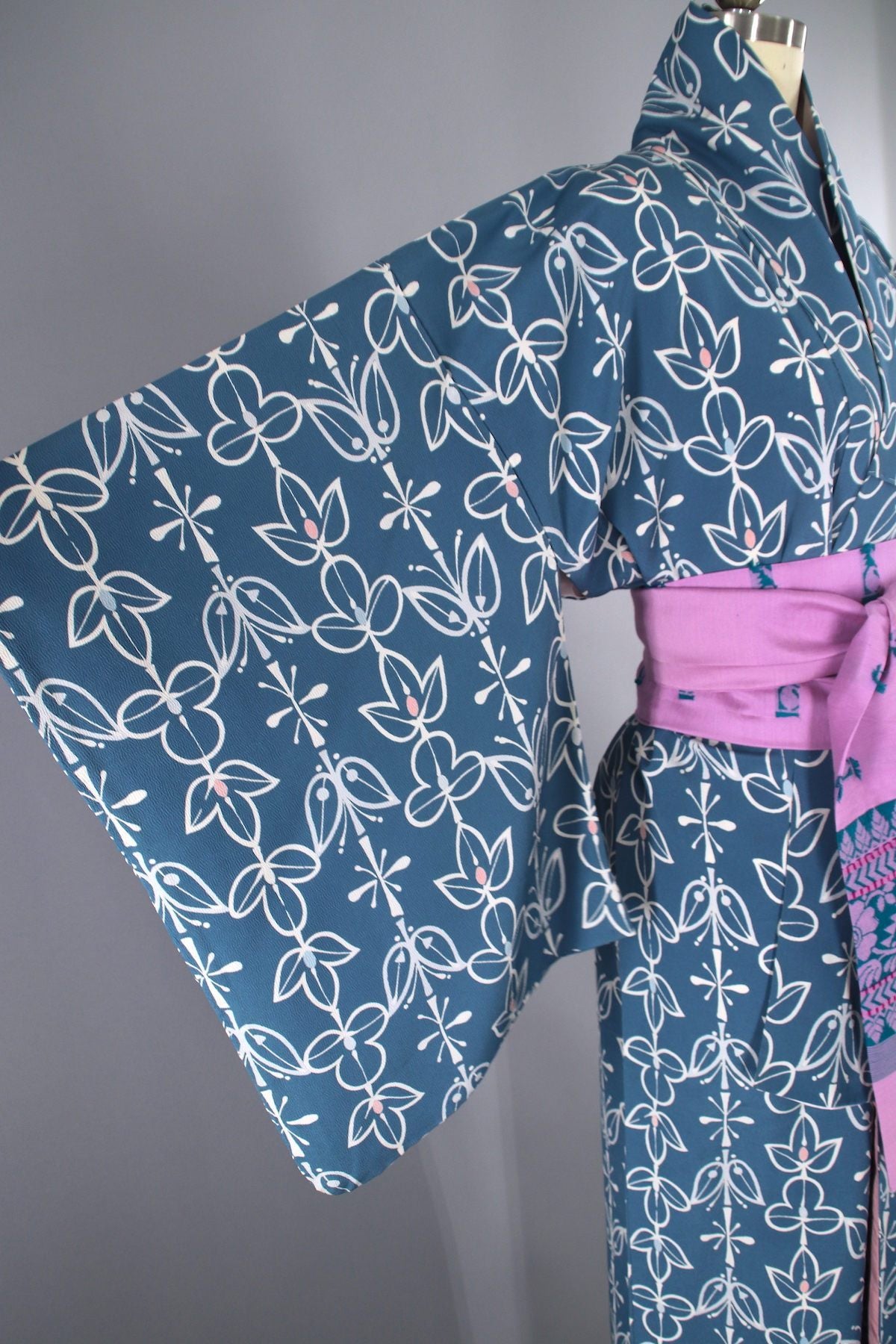 1950s Vintage Silk Kimono Robe / Teal Blue Floral - ThisBlueBird