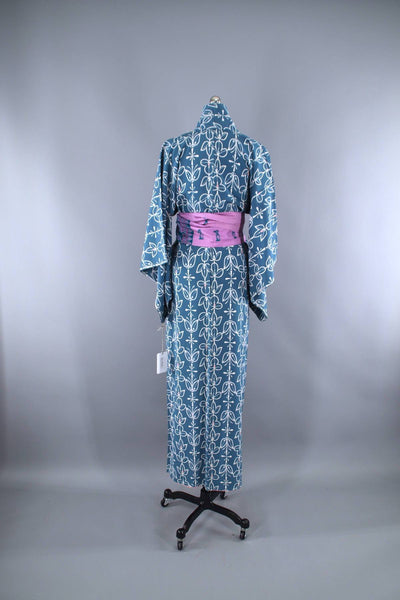 1950s Vintage Silk Kimono Robe / Teal Blue Floral - ThisBlueBird