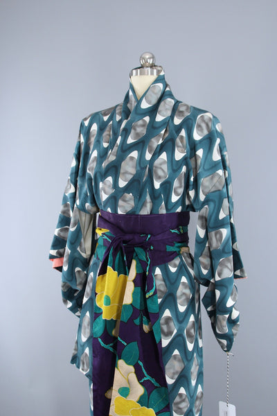 1950s Vintage Silk Kimono Robe / Teal Blue Green - ThisBlueBird