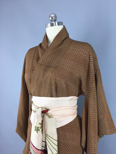 1950s Vintage Silk Kimono Robe / Tiny Brown & Maroon Floral Print - ThisBlueBird