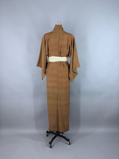 1950s Vintage Silk Kimono Robe / Tiny Brown & Maroon Floral Print - ThisBlueBird