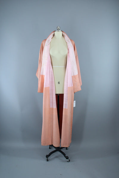 1950s Vintage Silk Kimono Robe  / Tulips Floral Embroidery / Salmon Pink - ThisBlueBird