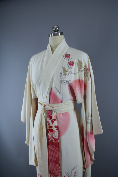 1950s Vintage Silk Kimono Robe / White Pink Gold Floral Print - ThisBlueBird