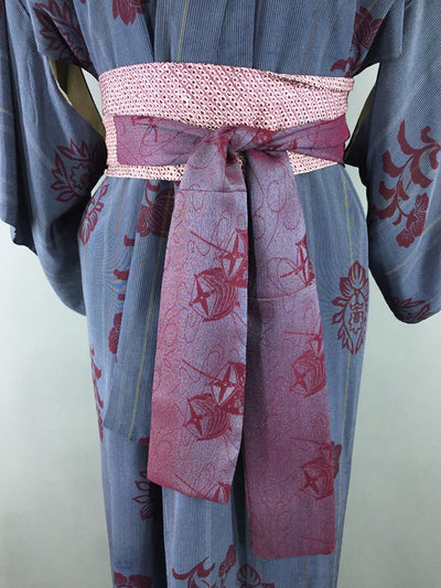1950s Vintage Silk Kimono Robe with Blue and Maroon Striped Floral Print - ThisBlueBird