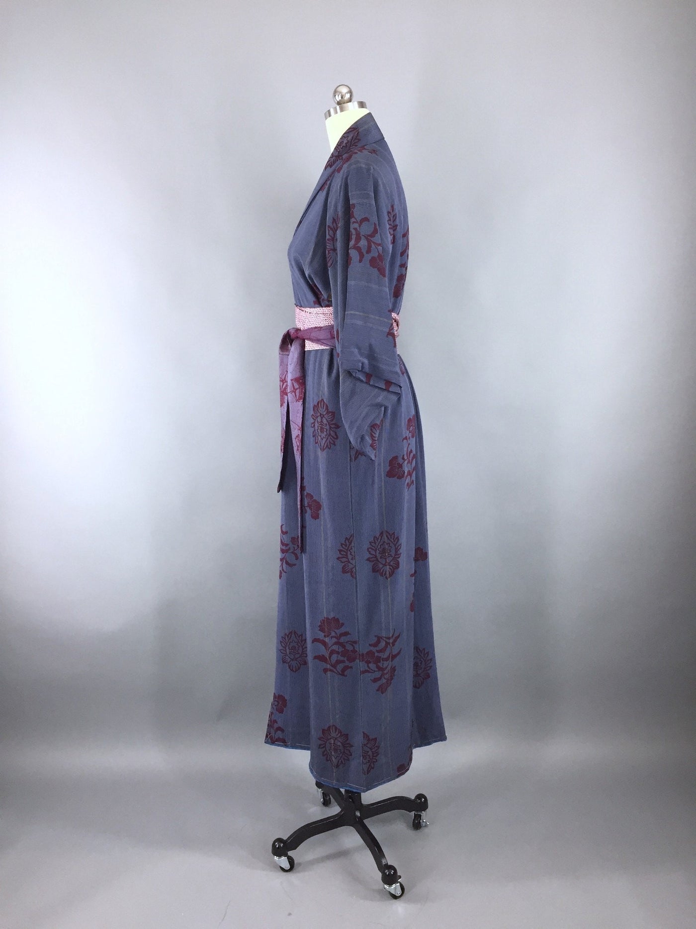 1950s Vintage Silk Kimono Robe with Blue and Maroon Striped Floral Print - ThisBlueBird