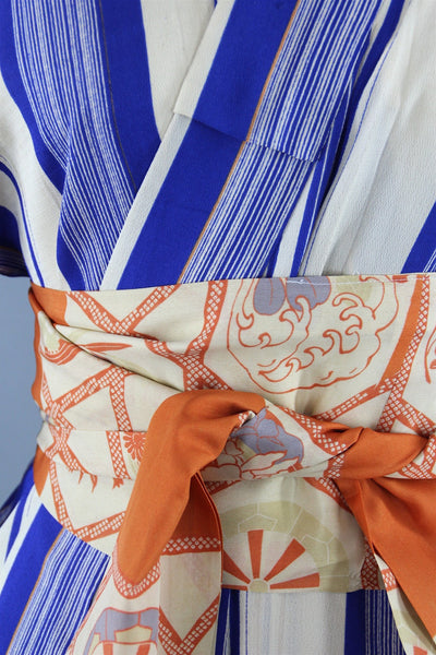 1950s Vintage Silk Kimono Robe with Blue and Orange Stripes - ThisBlueBird