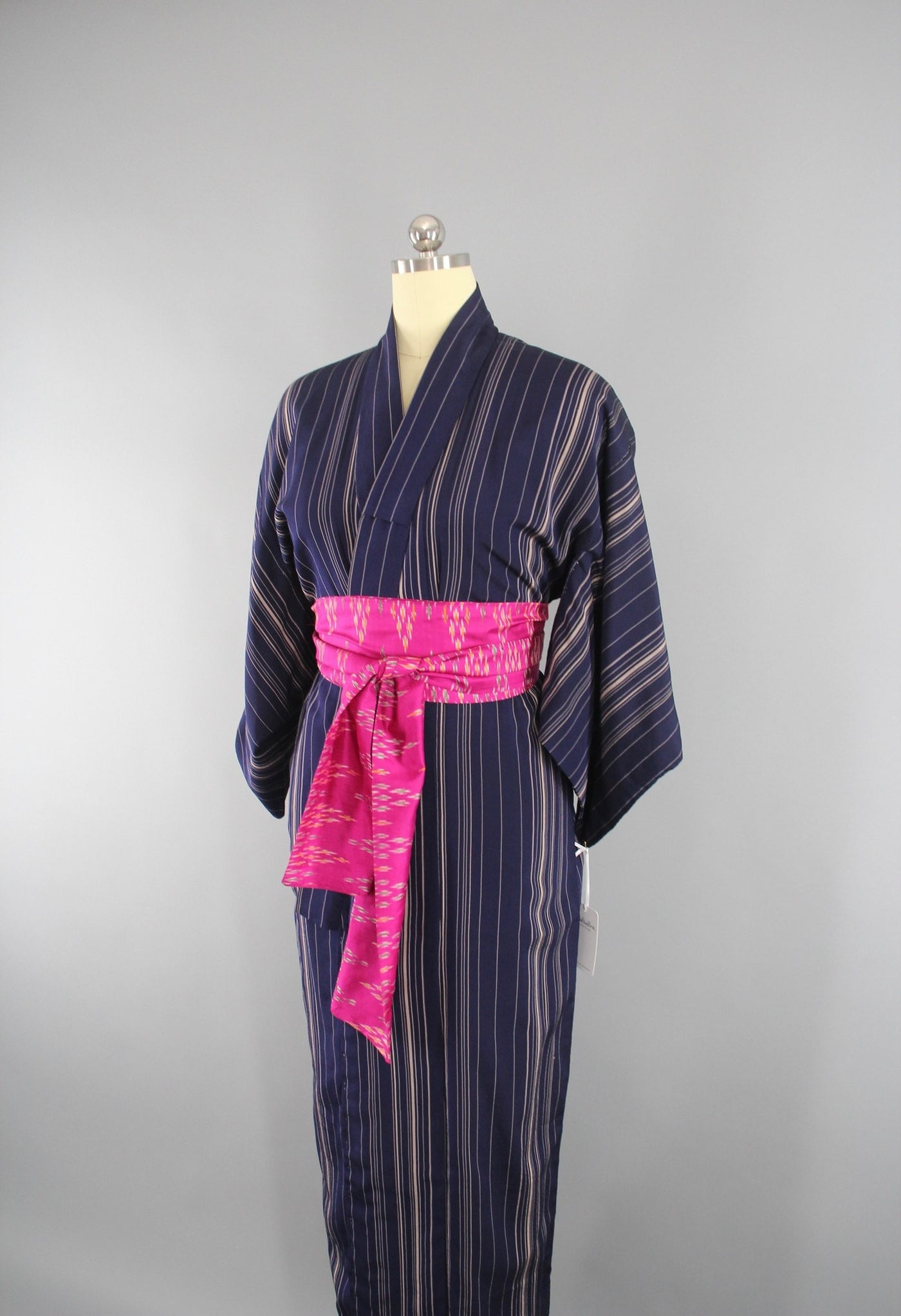 1950s Vintage Silk Kimono Robe with Blue Stripes - ThisBlueBird