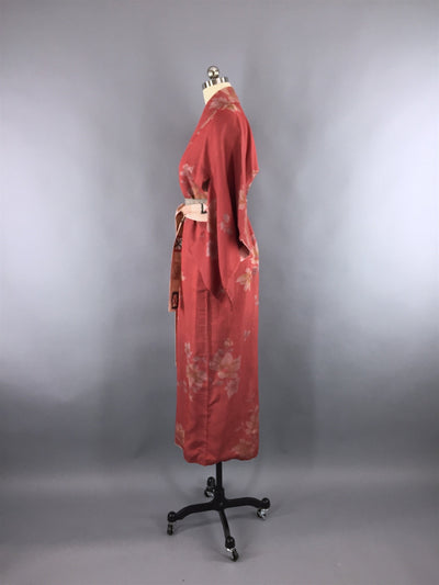 1950s Vintage Silk Kimono Robe with Brick Red Floral Stripes - ThisBlueBird