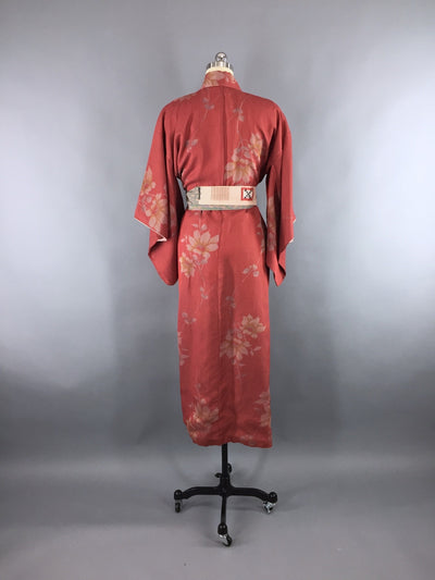 1950s Vintage Silk Kimono Robe with Brick Red Floral Stripes - ThisBlueBird