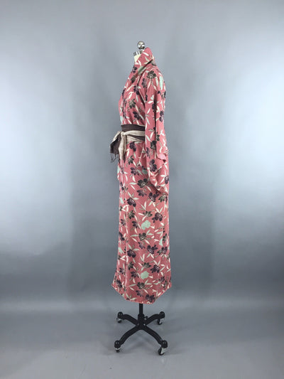 1950s Vintage Silk Kimono Robe with Mauve Pink Floral Print - ThisBlueBird