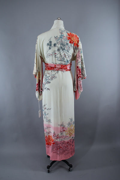 1950s Vintage Silk Kimono Robe with Ombre Pink & White Peony Floral Print - ThisBlueBird