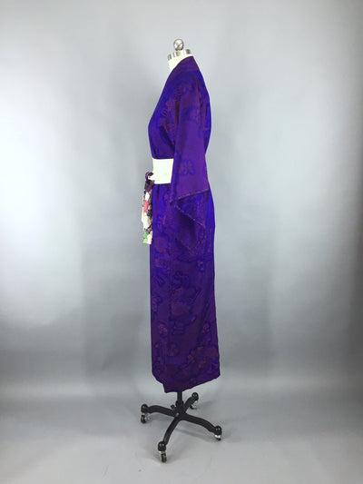 1950s Vintage Silk Kimono Robe with Omeshi Purple Magenta Floral Embroidery - ThisBlueBird