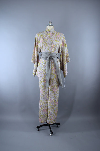 1950s Vintage Silk Kimono Robe with Pastel Lavender & Pink Floral Print - ThisBlueBird
