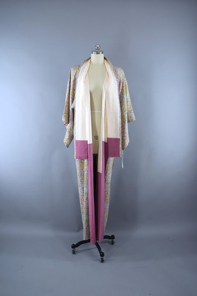 1950s Vintage Silk Kimono Robe with Pastel Lavender & Pink Floral Print - ThisBlueBird