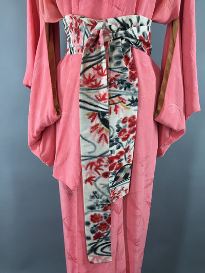 1950s Vintage Silk Kimono Robe with Pink Flying Cranes Birds - ThisBlueBird