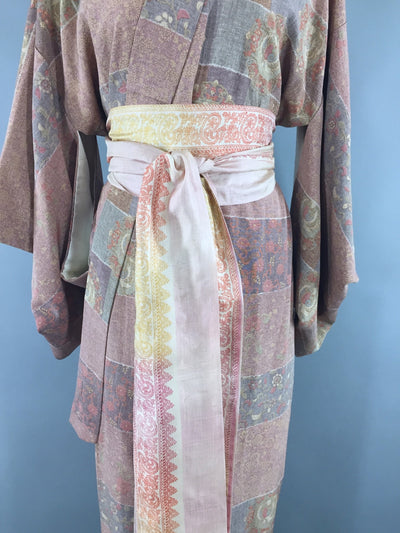 1950s Vintage Silk Kimono Robe with Purple Dancing Birds - ThisBlueBird