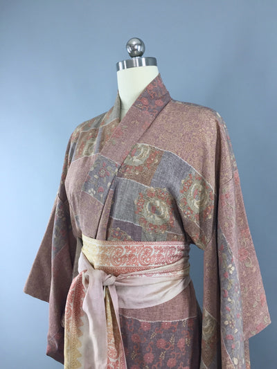 1950s Vintage Silk Kimono Robe with Purple Dancing Birds - ThisBlueBird