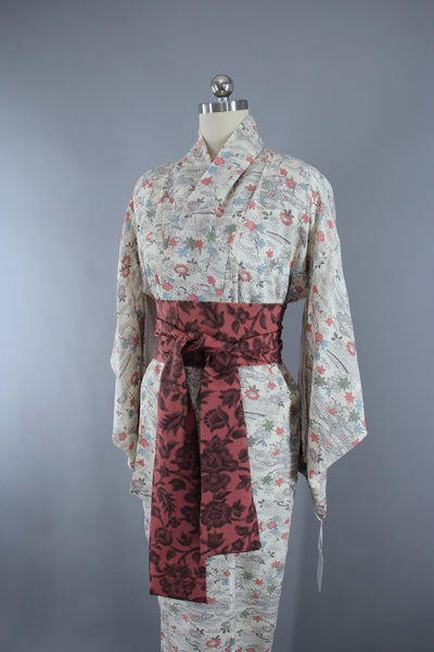1950s Vintage Silk Kimono Robe with White & Pink Small Floral Print - ThisBlueBird