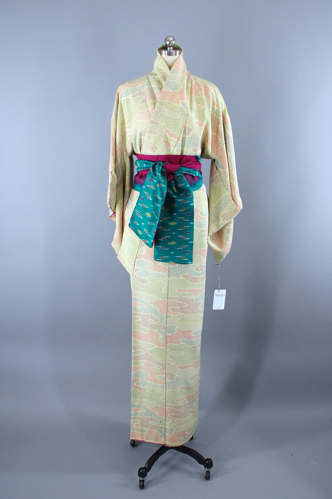 1950s Vintage Silk Kimono Robe / Yellow Magenta Tiny Print - ThisBlueBird