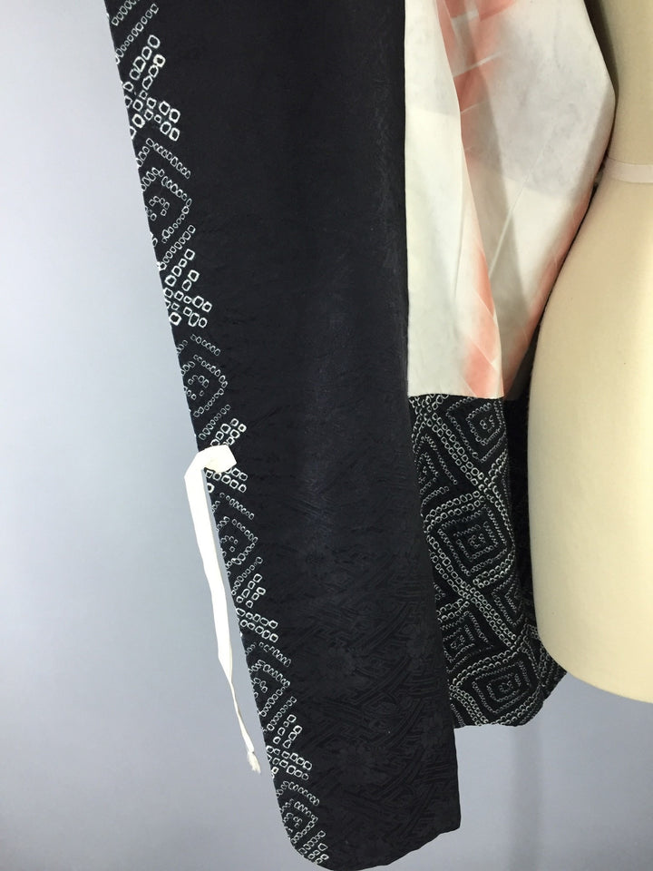 1950s Vintage Silk Michiyuki Kimono Coat Jacket in Black and White Shibori - ThisBlueBird