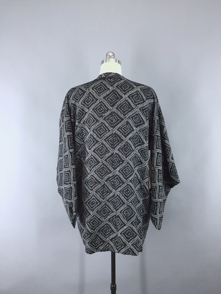 1950s Vintage Silk Michiyuki Kimono Coat Jacket in Black and White Shibori - ThisBlueBird