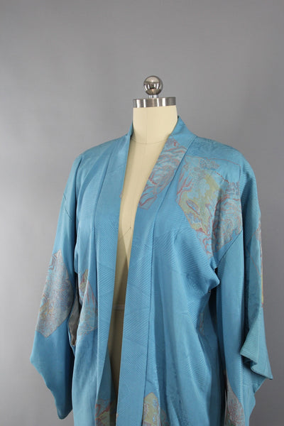 1950s Vintage Vintage Silk Haori Kimono Jacket Cardigan with Blue Urushi Embroidery - ThisBlueBird