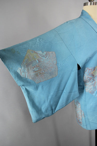 1950s Vintage Vintage Silk Haori Kimono Jacket Cardigan with Blue Urushi Embroidery - ThisBlueBird